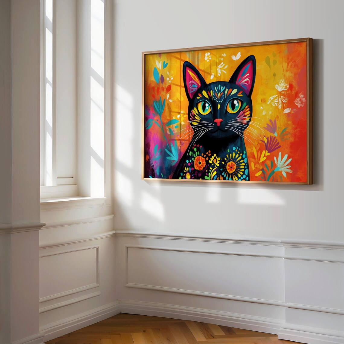 Black Cat Floral Folk Art Body Golden Orange Garden Painting Poster - Image 3