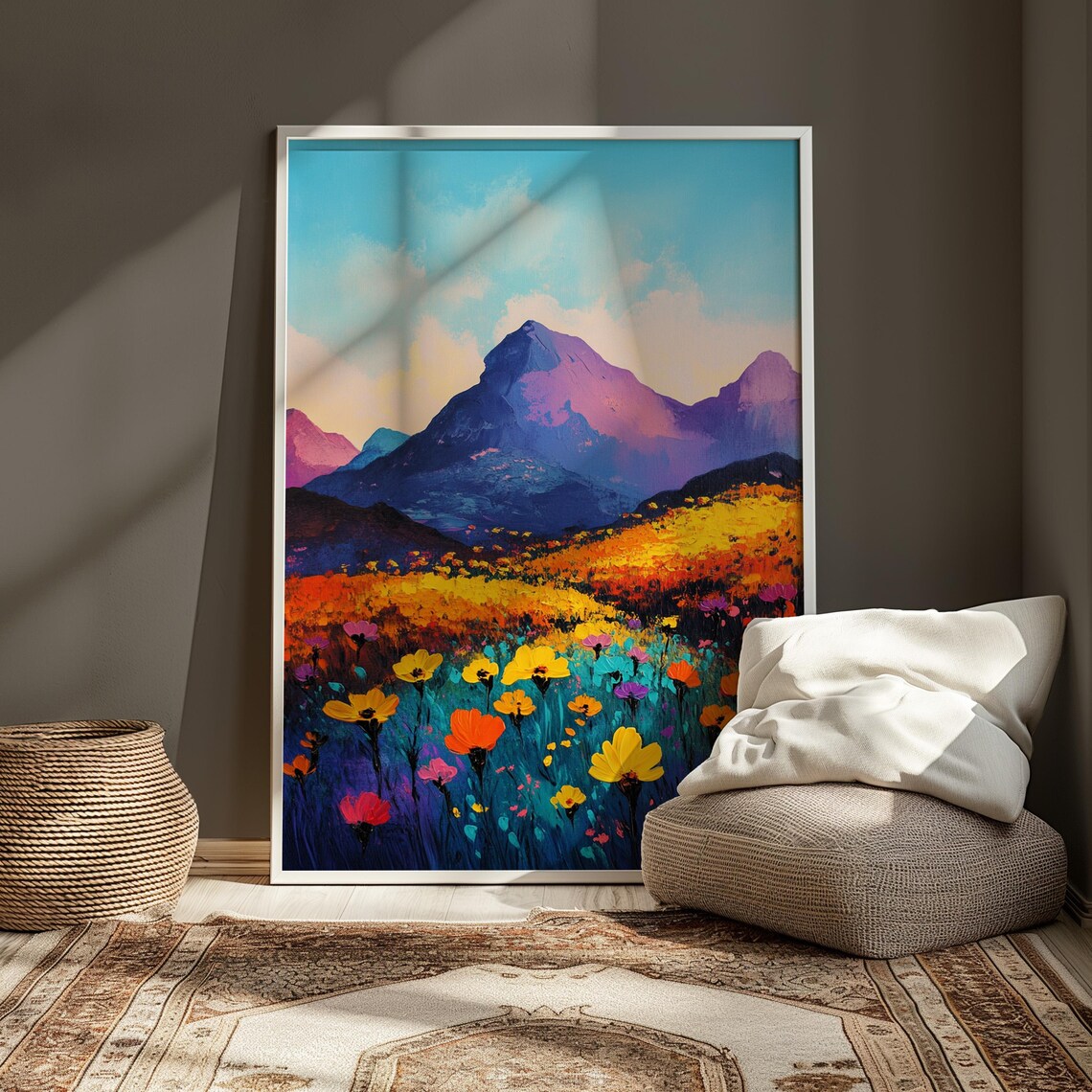 Colorful Wildflower Field Purple Mountain Dusk Turquoise Sky Landscape Poster - Image 3