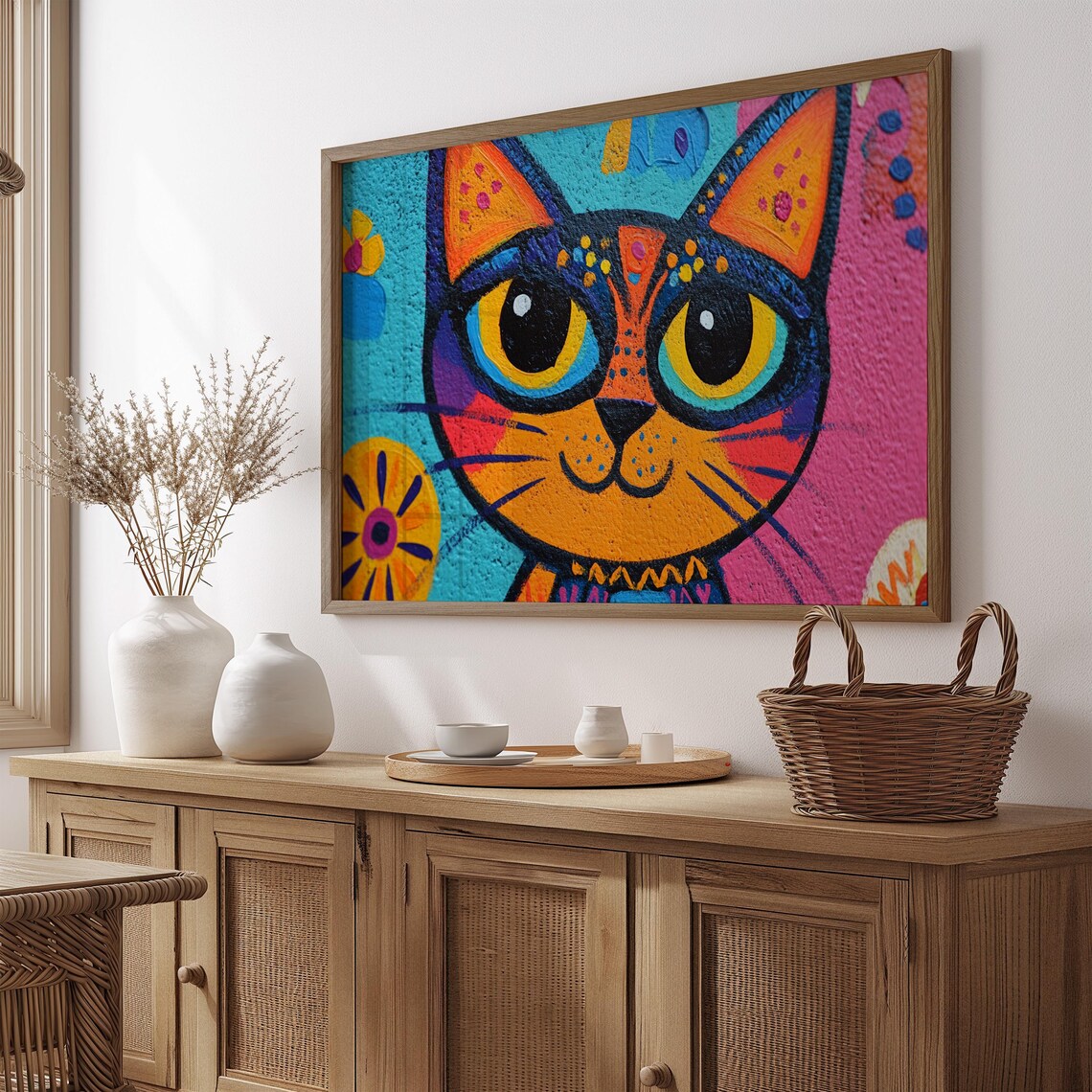 Pop Art Cartoon Cat Huge Yellow Eyes Pink Blue Bold Fun Cat Wall Poster