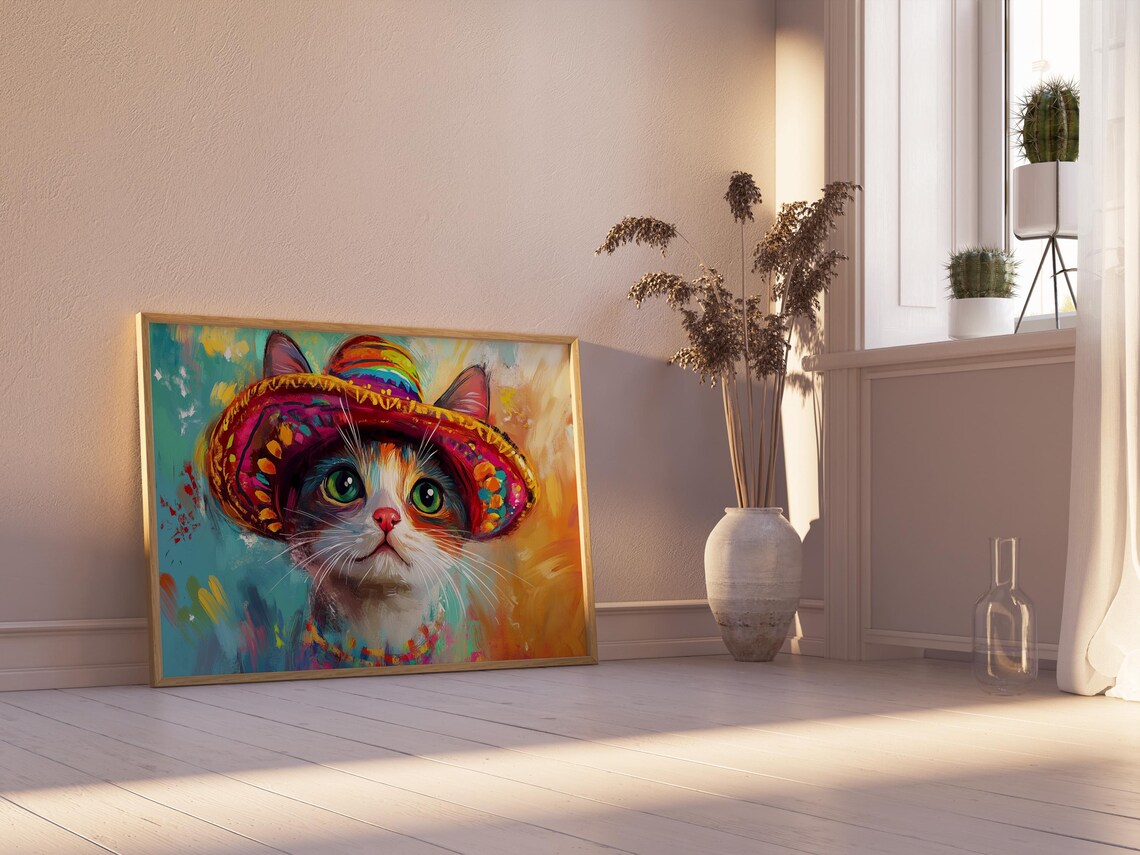 Kitten In Bright Sombrero Green Eyes Festive Mexican Art Poster - Image 2