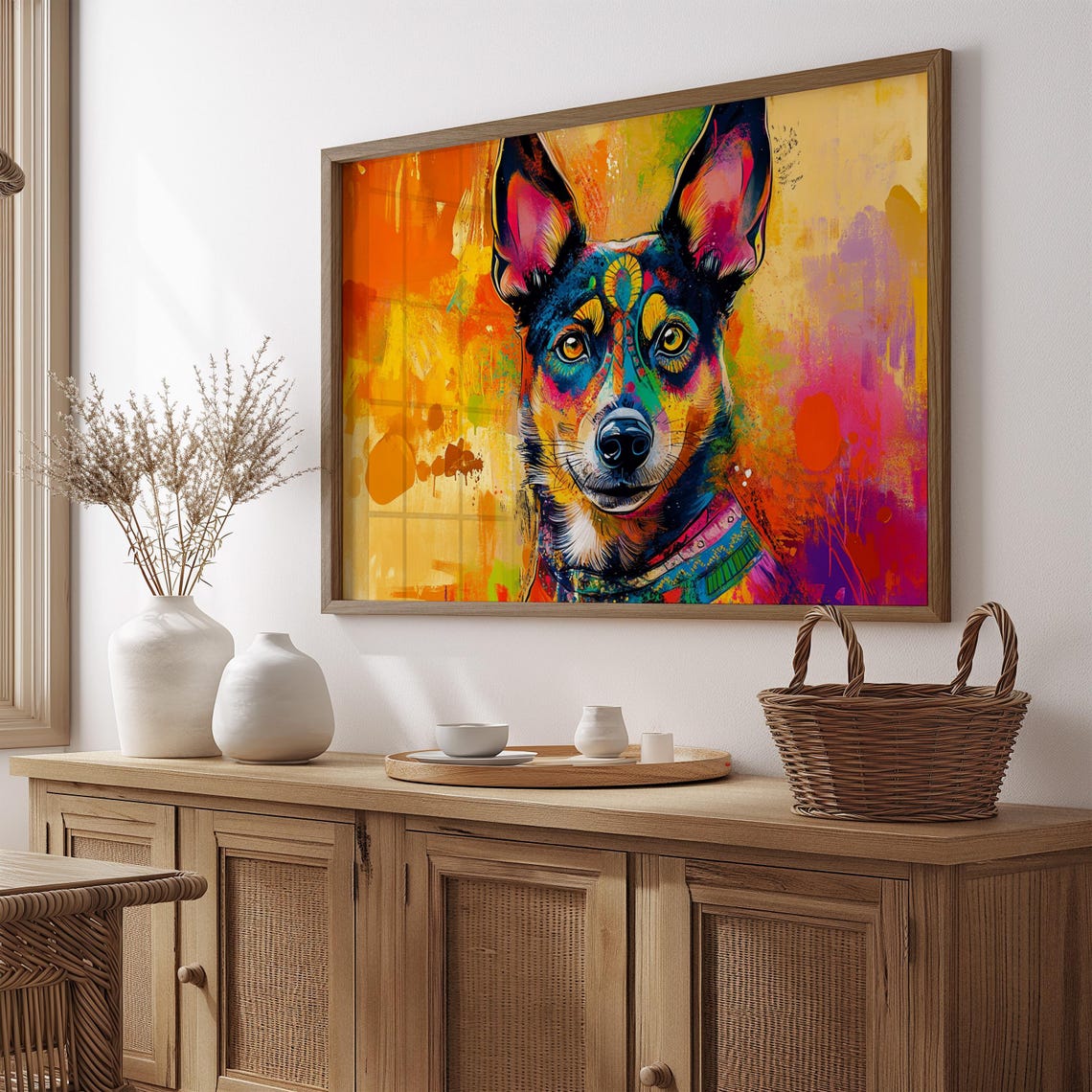 Rainbow Painted Dog Face Portrait Upright Ears Warm Abstract Poster