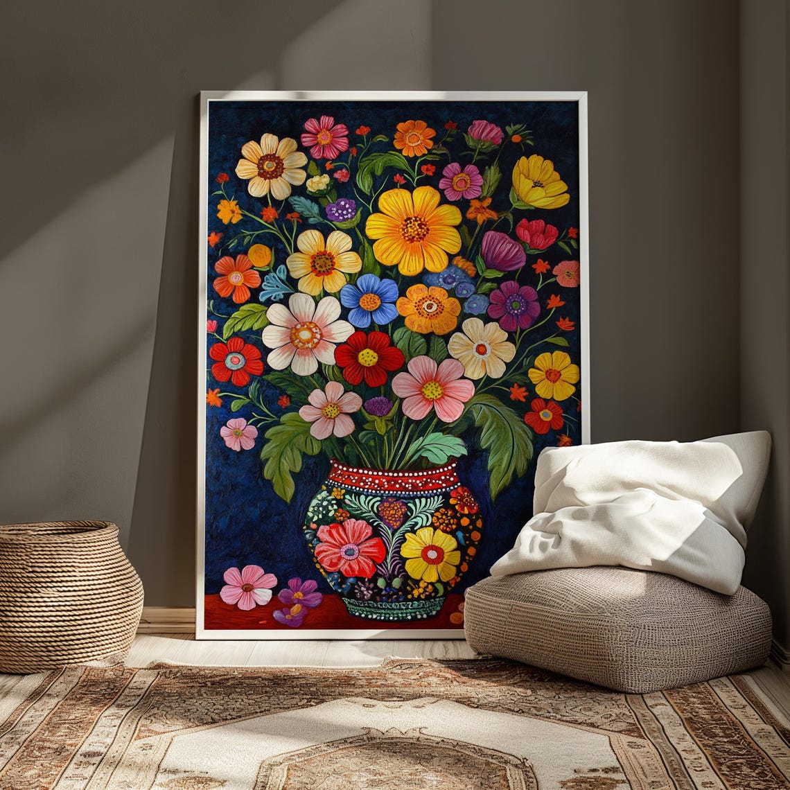 Folk Cosmos Daisy Bouquet Colorful Painted Pot Deep Blue Wall Art - Image 4