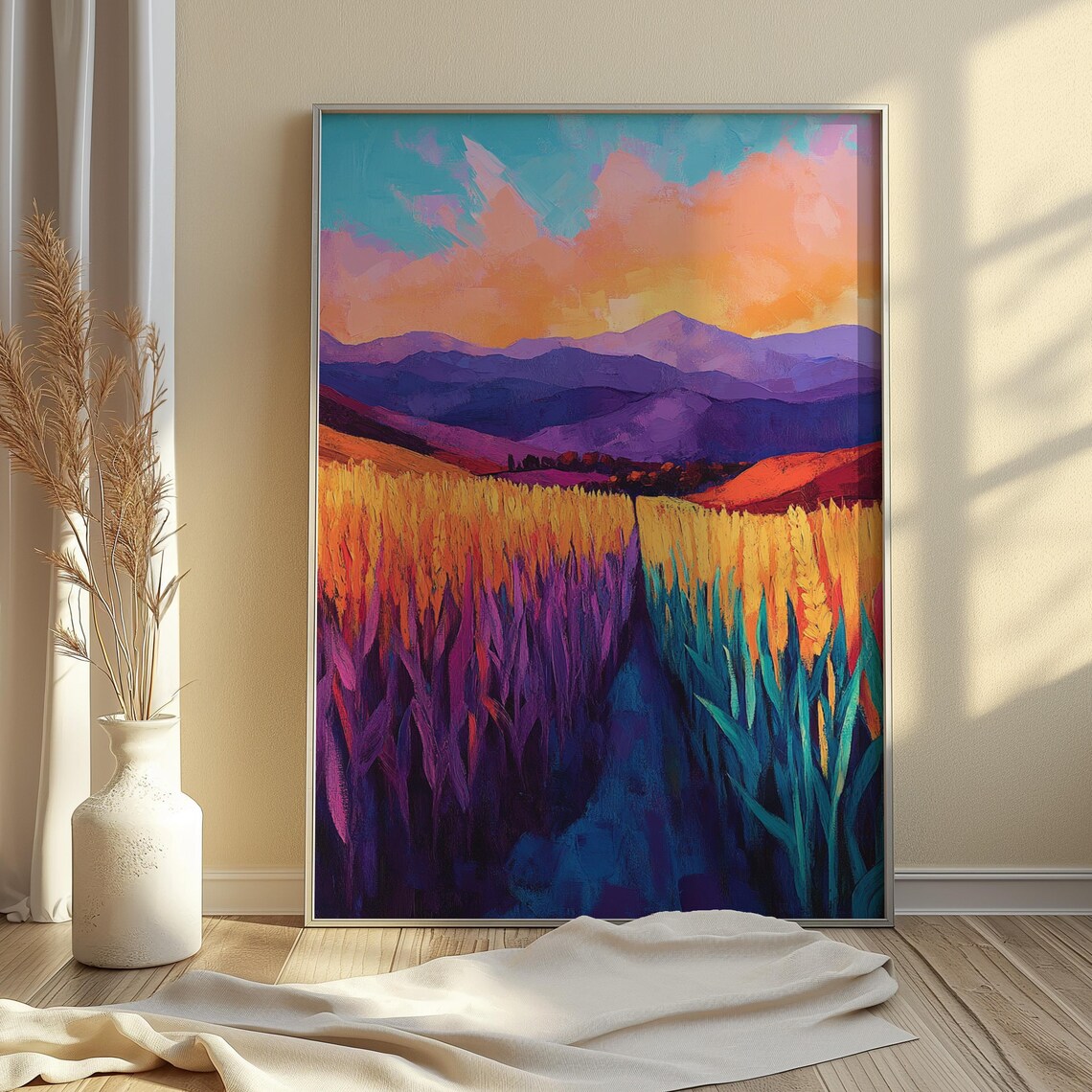 Golden Wheat Field Sunset Purple Mountains Pink Sky Art Print - Image 4