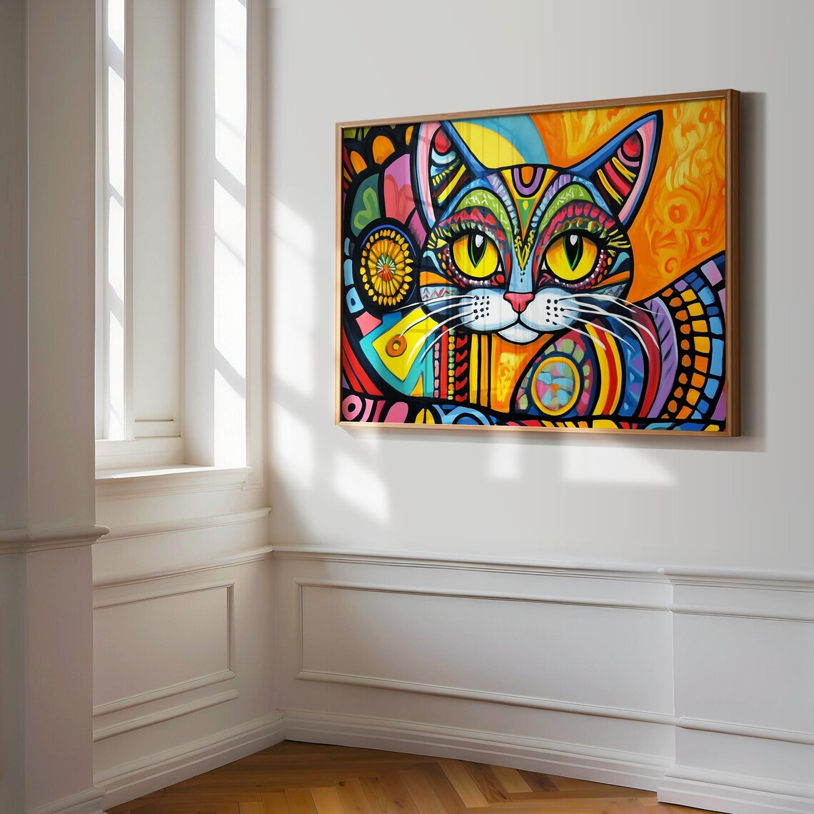 Stained Glass Mosaic Style Cat Face Geometric Sunset Art Colorful Poster - Image 3