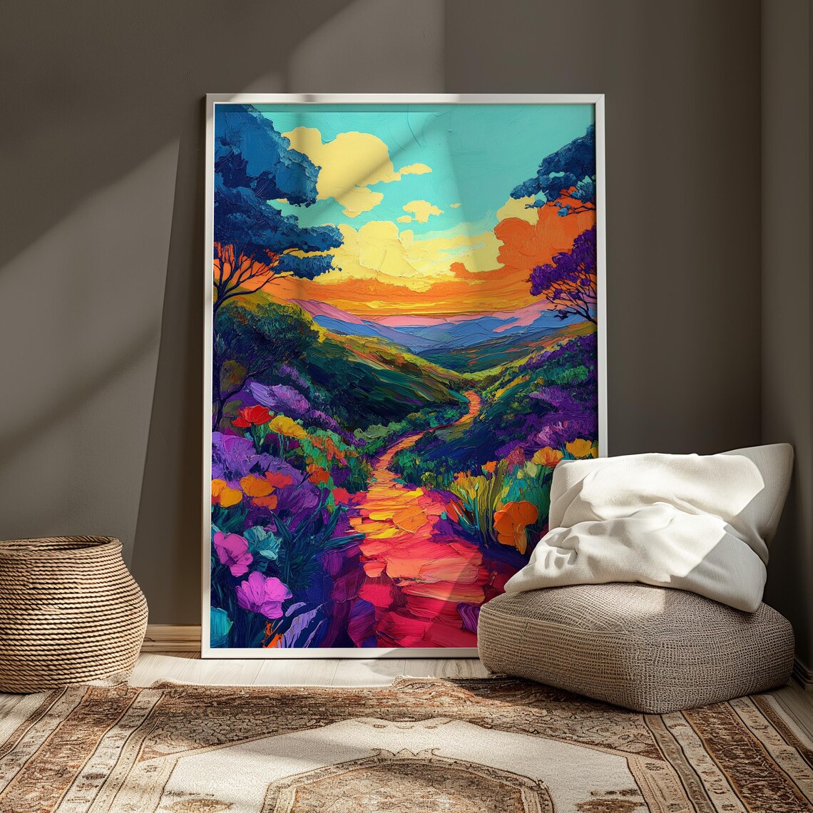 Sunset Stone Path Blooming Hillside Golden Sky Blue Trees Valley View Landscape Poster - Image 3