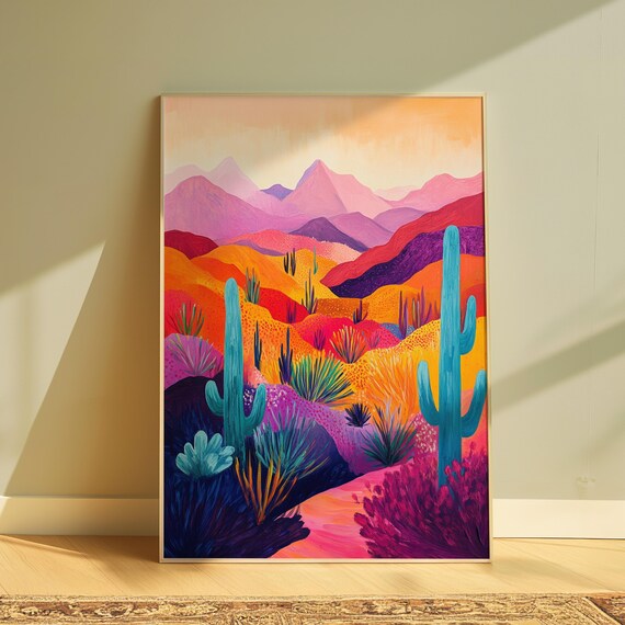Colorful Desert Teal Saguaros Orange Hills Pink Mountain Ranges Warm Sky Poster