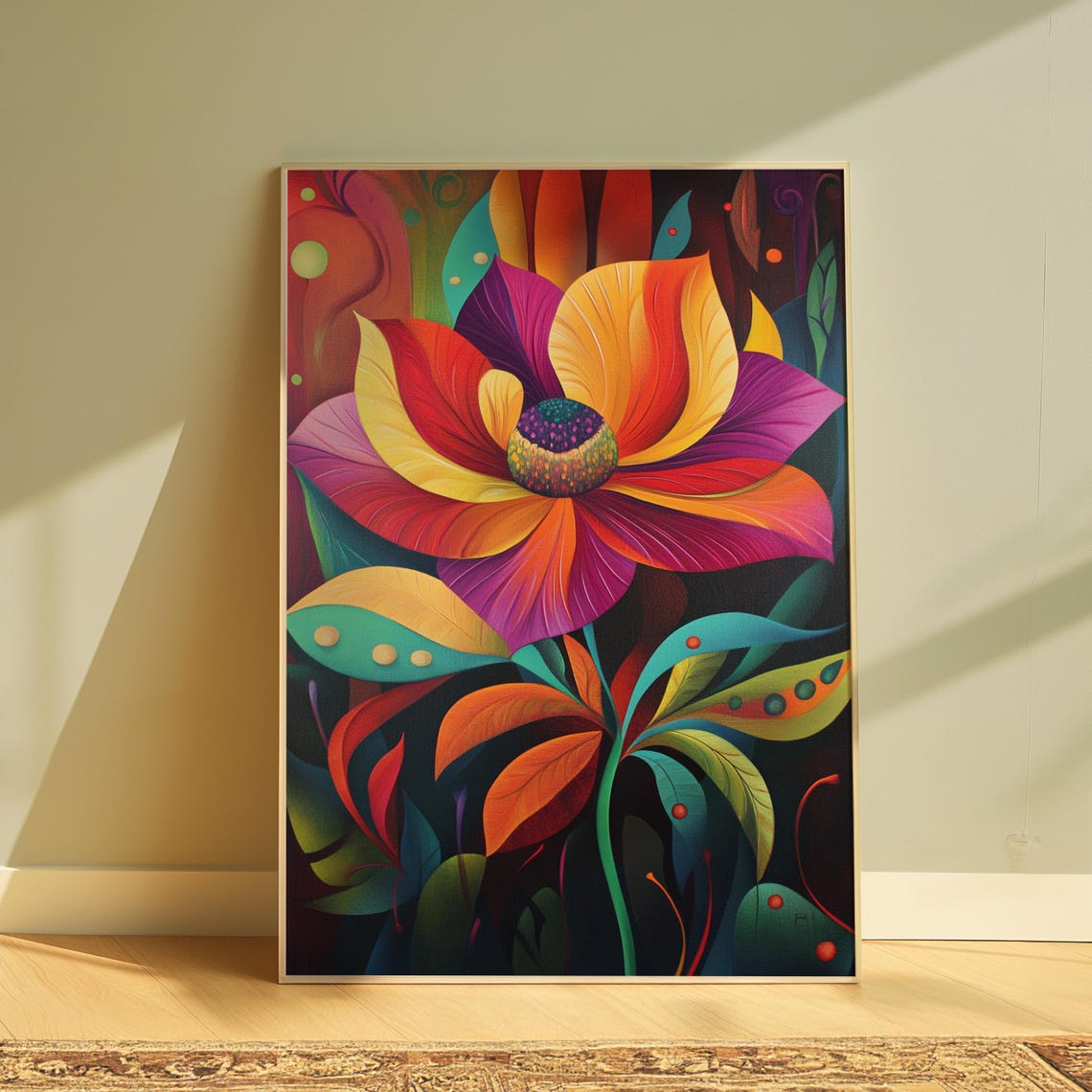 Fiery Sunset Bloom Dark Background Vivid Abstract Floral Art Poster
