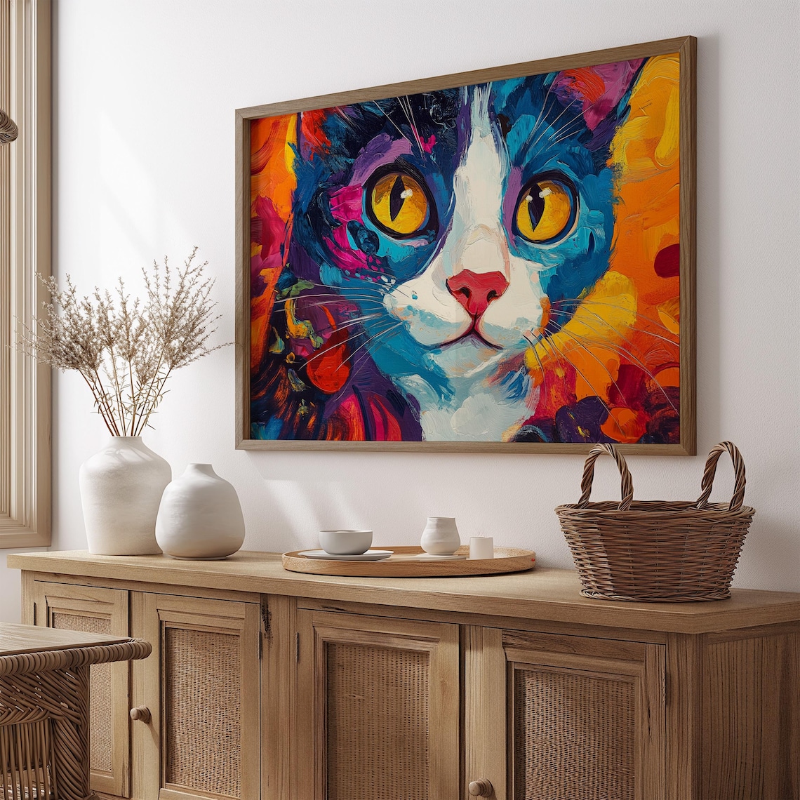 Tuxedo Cat Close Up Golden Eyes Bold Impasto Colorful Feline Art Poster