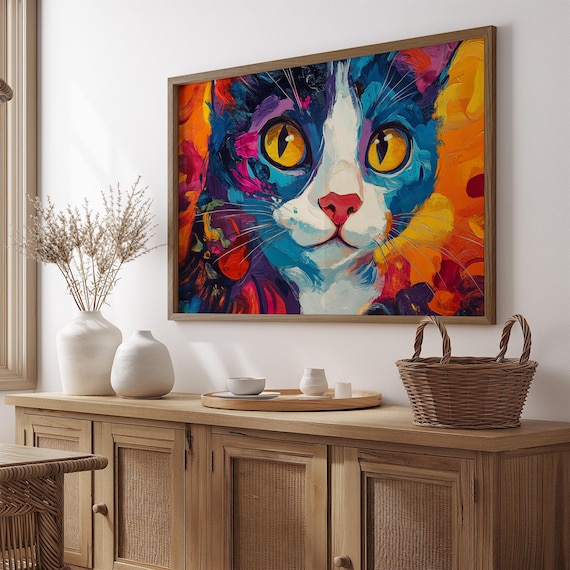 Tuxedo Cat Close Up Golden Eyes Bold Impasto Colorful Feline Art Poster