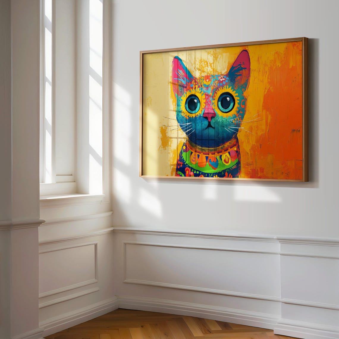 Blue Folk Art Cat With Floral Patterns Bright Orange Background Poster - Image 3