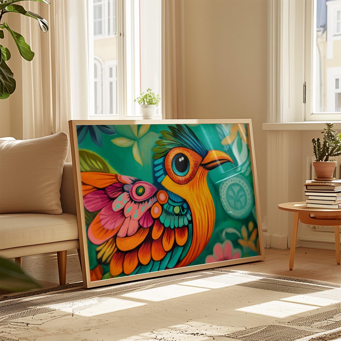 Ember Orange Bird Big Soulful Eye Patterned Wing Teal Garden Art Print - Image 4