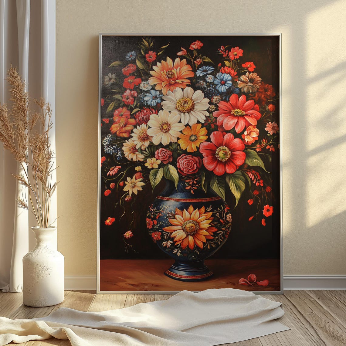 Dense Mixed Garden Bouquet Red Yellow Daisies Dark Blue Vase Poster - Image 3