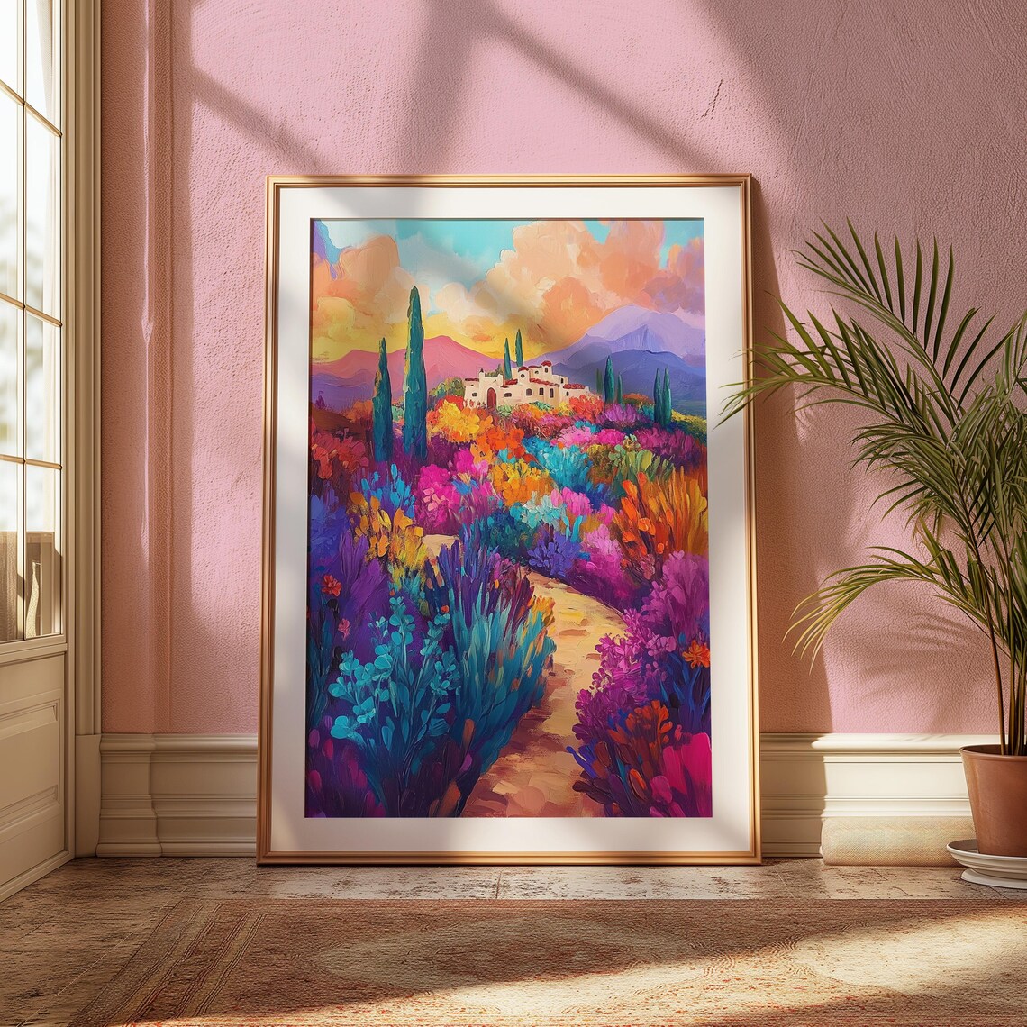 Hilltop Hacienda Red Roofs Flower Path Cypress Trees Sunset Hills Landscape Poster - Image 2