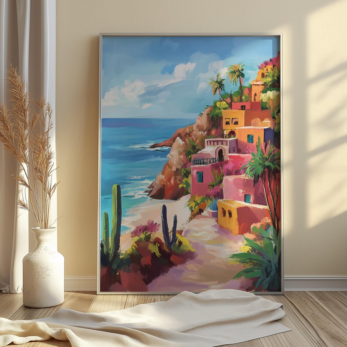Colorful Coastal Cliff Village Pastel Houses Beach Blue Sea Cacti Poster - Image 4