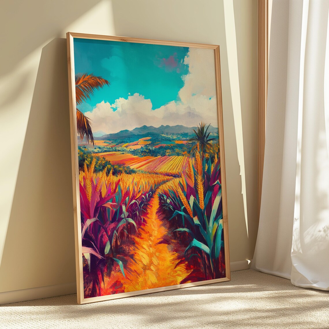 Tropical Valley Cornfield Palms Mountains Colorful Landscape Art Poster - Image 5