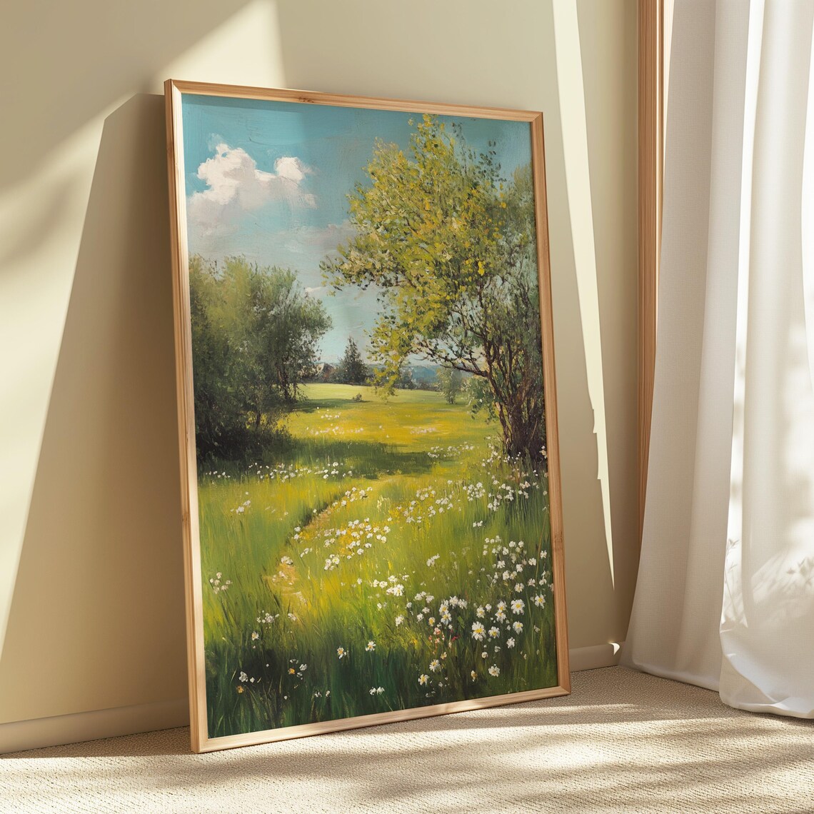 Sunny Green Meadow White Daisies Golden Path Impressionist Light Poster - Image 4