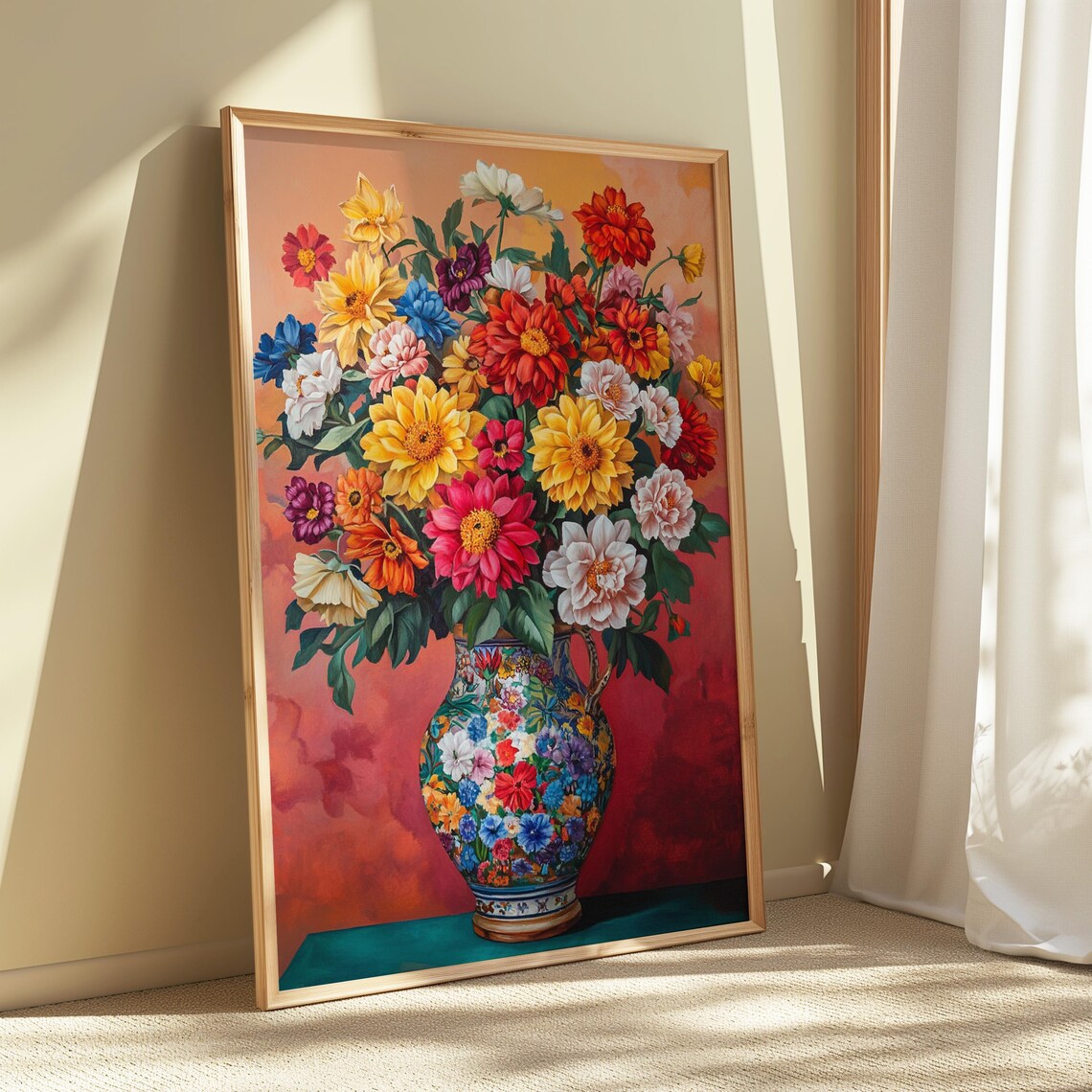 Sunset Zinnia Dahlia Bouquet Ornate Blue Vase Coral Warm Floral Poster - Image 5
