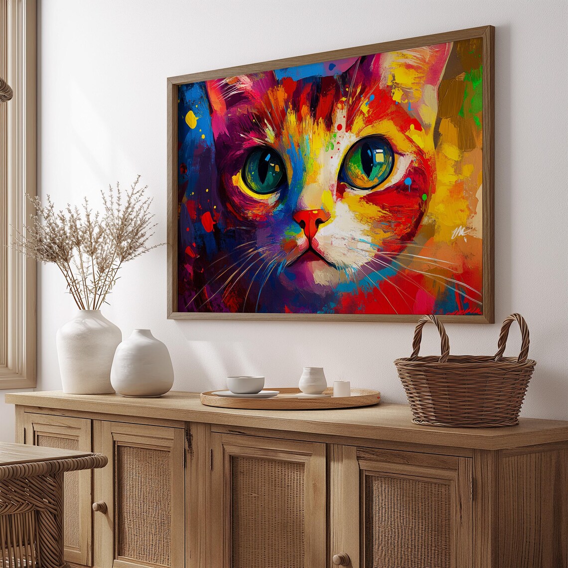 Rainbow Painted Cat Face Close Up Big Teal Eyes Bold Brushstroke Poster