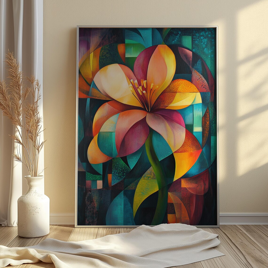 Pink Orange Lily Cubist Teal Green Abstract Floral Garden Poster - Image 4