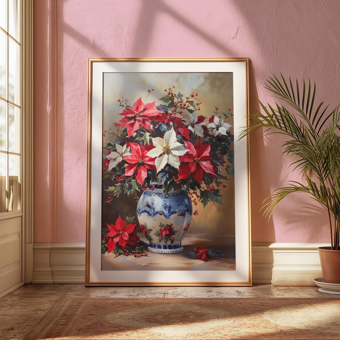 Red White Poinsettia Berries Blue Vase Christmas Still Life Poster - Image 2