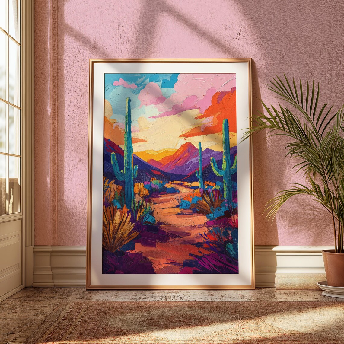 Desert Trail Sunset Saguaro Cacti Dramatic Clouds Southwest Landscape Poster - Image 2