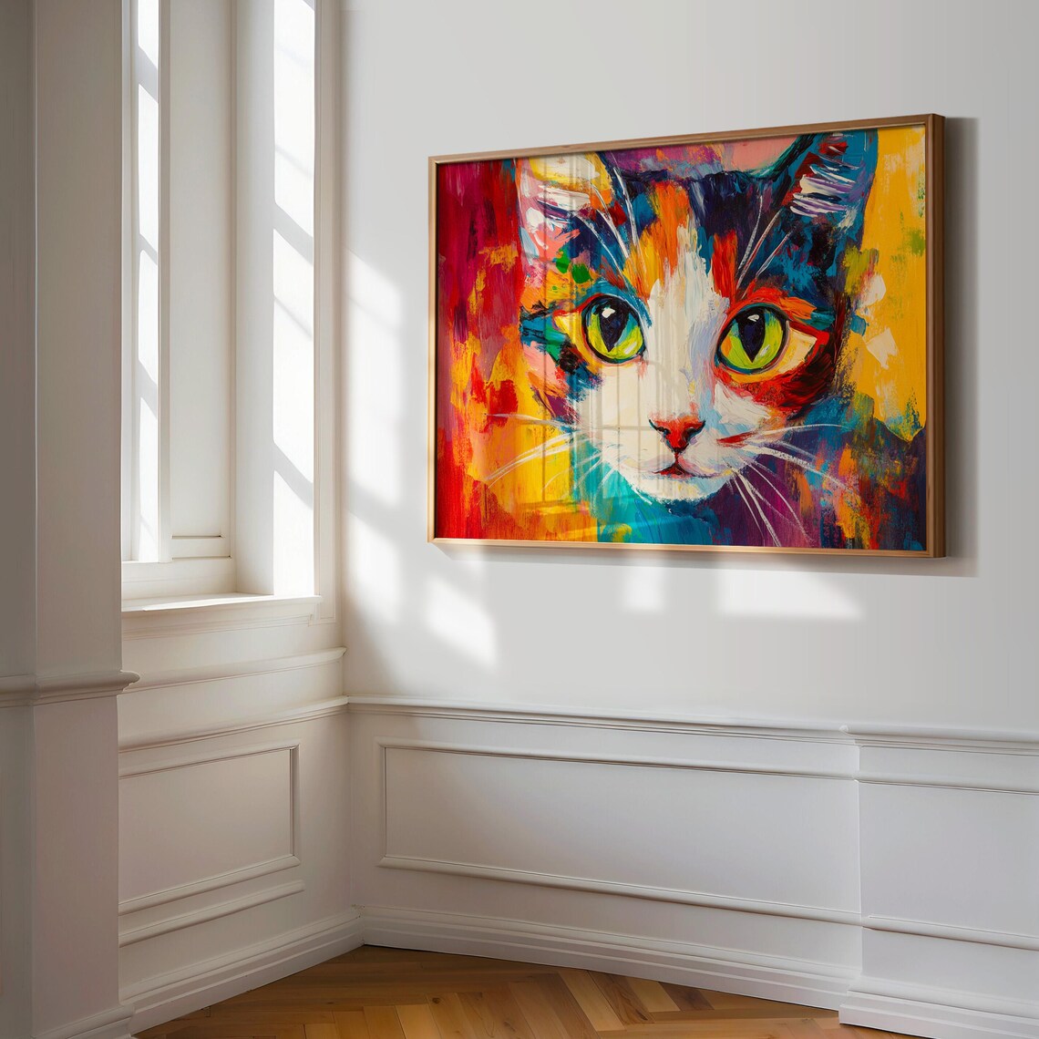 Painterly Cat Face Green Eyes Bold Red Orange Brushstroke Art Poster - Image 3