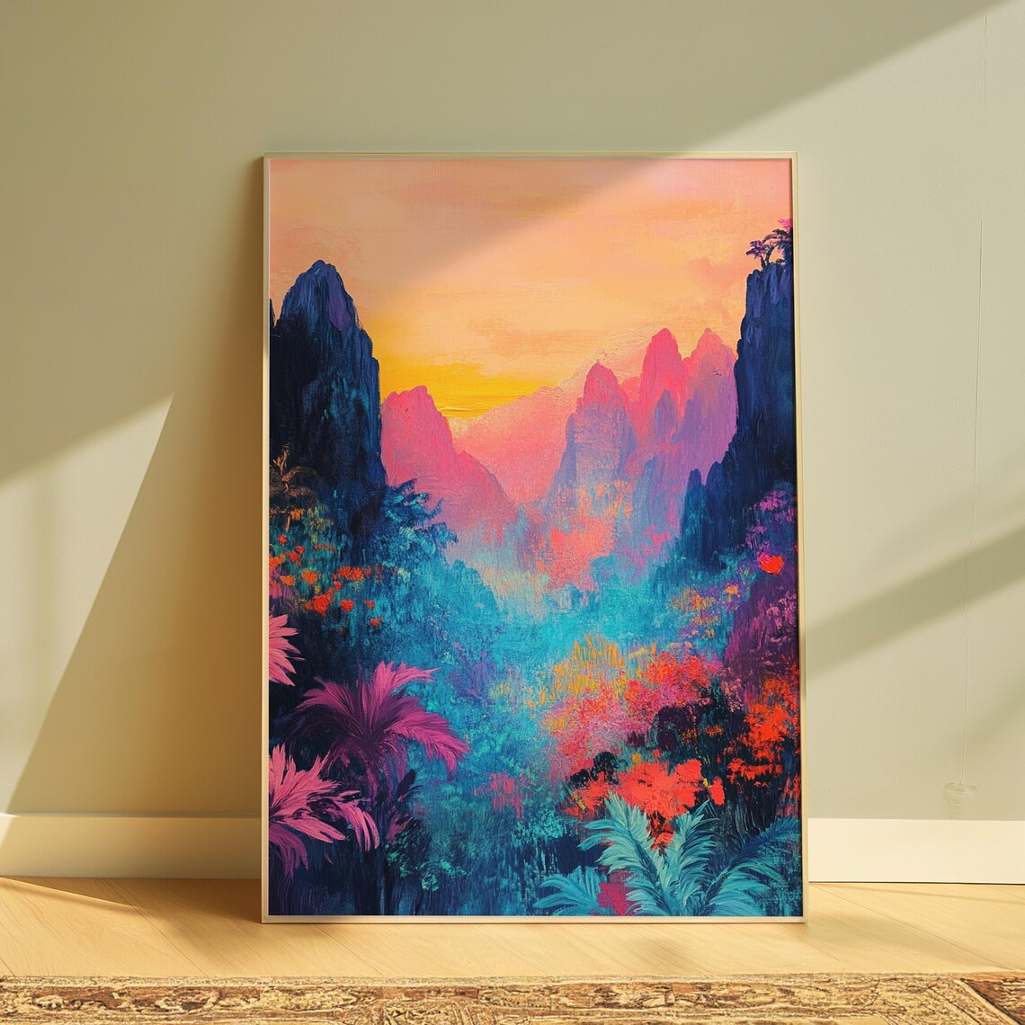 Misty Tropical Mountain Valley Pink Sunrise Jungle Landscape Print