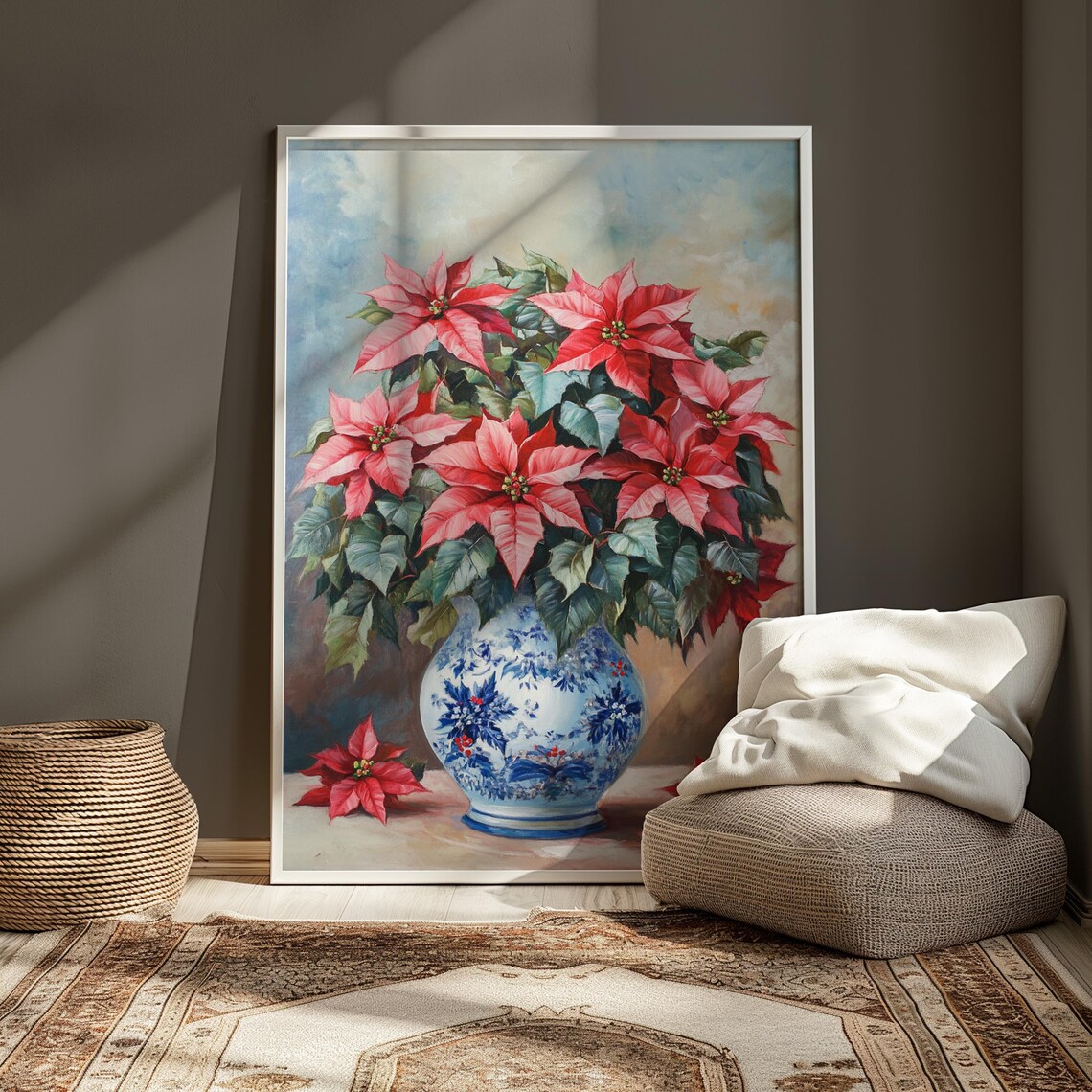 Pink Poinsettia Blue Porcelain Vase Soft Christmas Still Life Poster - Image 4