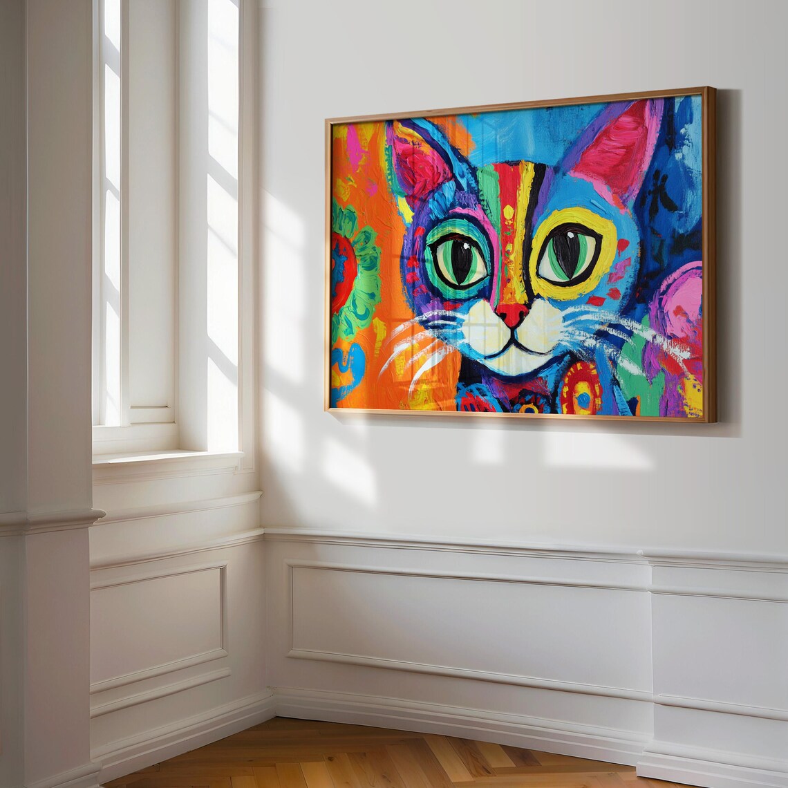 Whimsical Cat Big Green Eyes Yellow Outlines Colorful Abstract Poster - Image 3