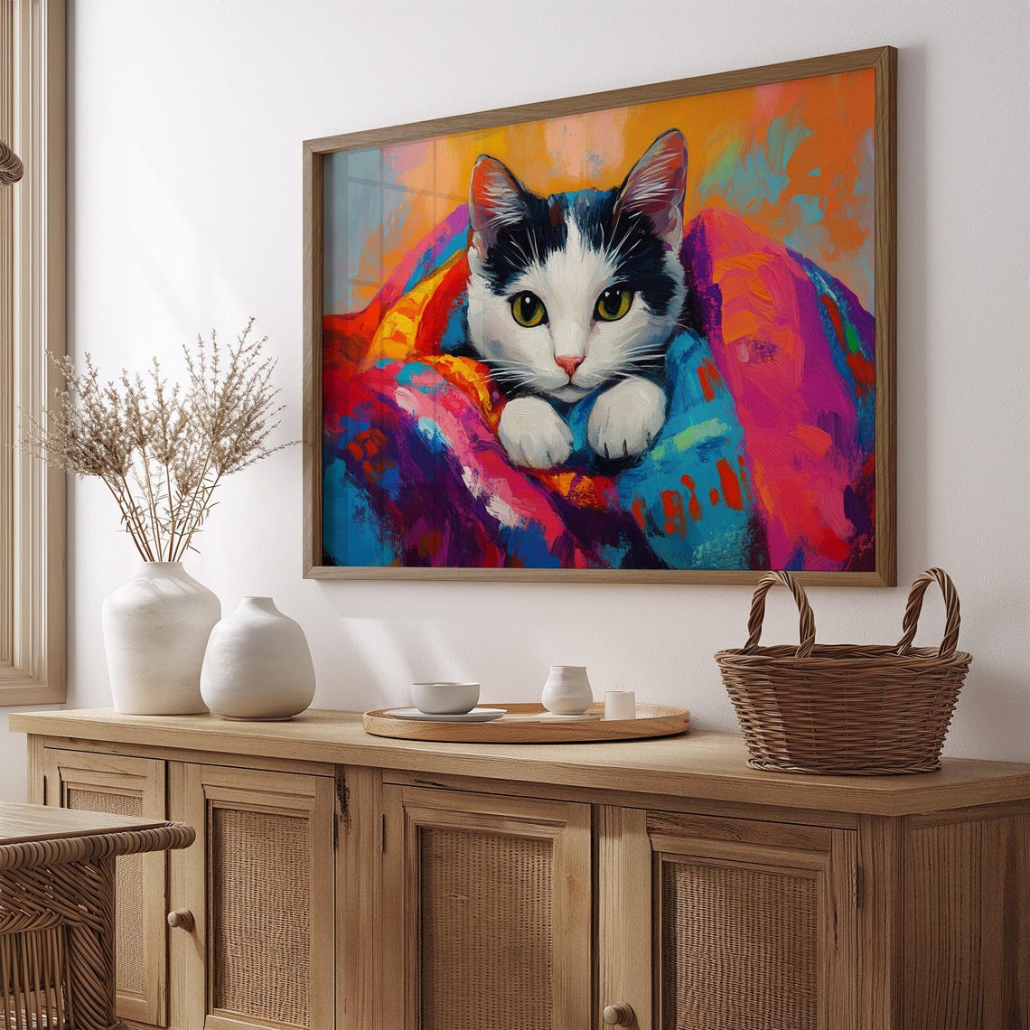 Tuxedo Kitten Peeking from Rainbow Blanket Green Eyes Painting Poster
