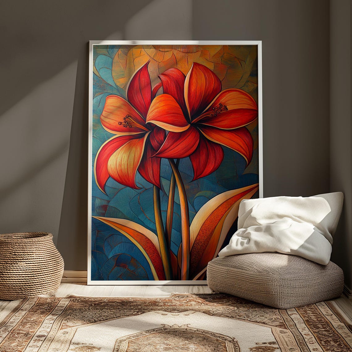 Twin Red Amaryllis Blooms Teal Mosaic Background Floral Poster - Image 3