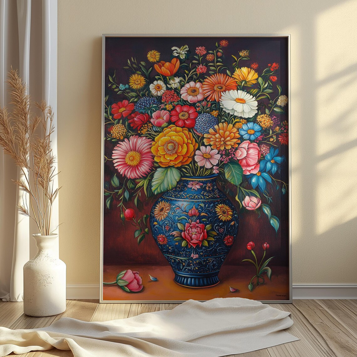 Abundant Mixed Floral Bouquet Large Ornate Blue Vase Rich Dark Poster - Image 3
