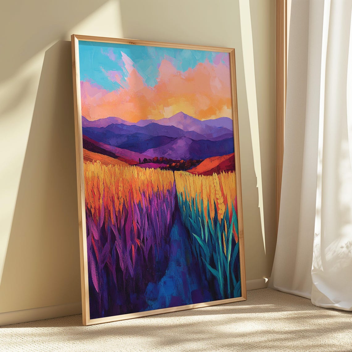 Golden Wheat Field Sunset Purple Mountains Pink Sky Art Print - Image 5