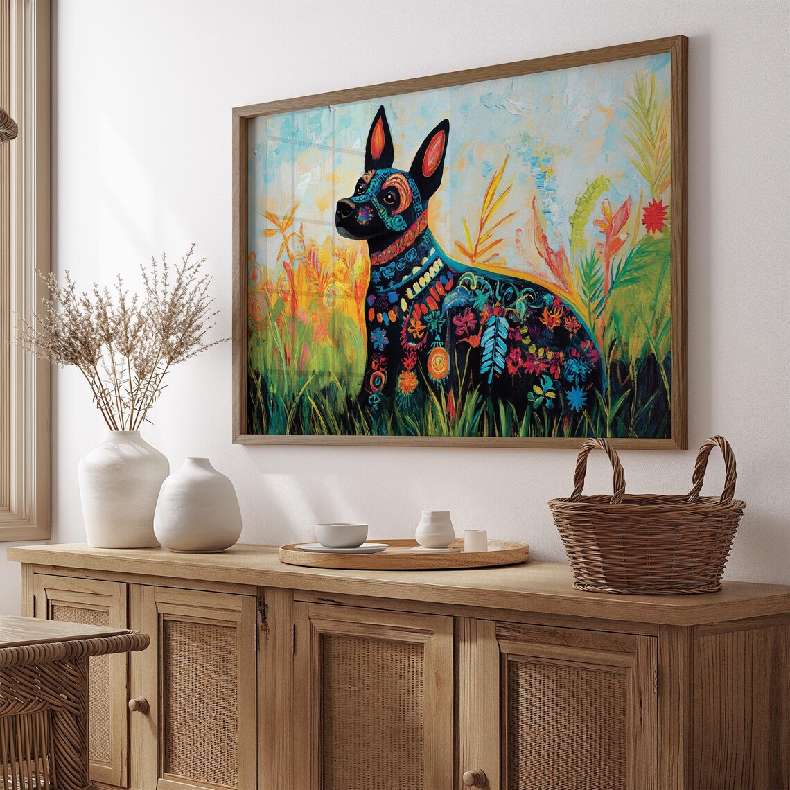 Decorated Dog Sitting in Flower Garden Alebrije Floral Folk Art Poster