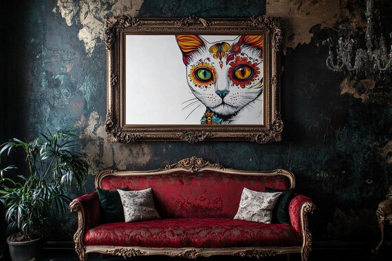 Artistic Day Of The Dead Cat With Sugar Skull Eye Patterns Poster