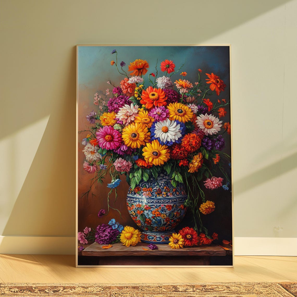 Cheerful Wildflower Bouquet Ornate Blue Vase Ledge Sunny Garden Poster