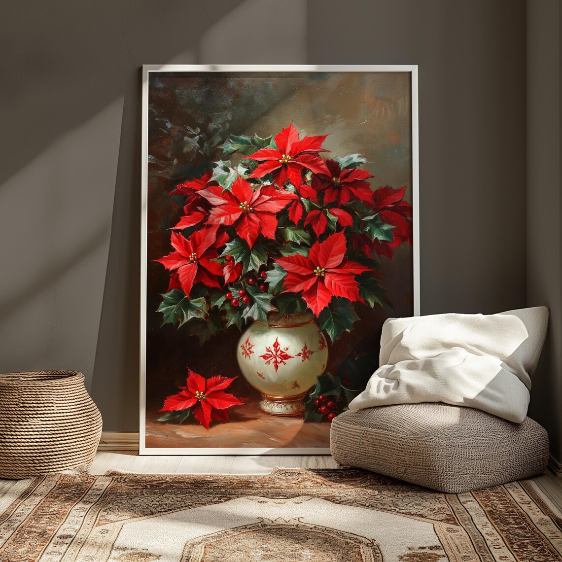 Red Poinsettia Snowflake Vase Holly Christmas Still Life Poster - Image 4