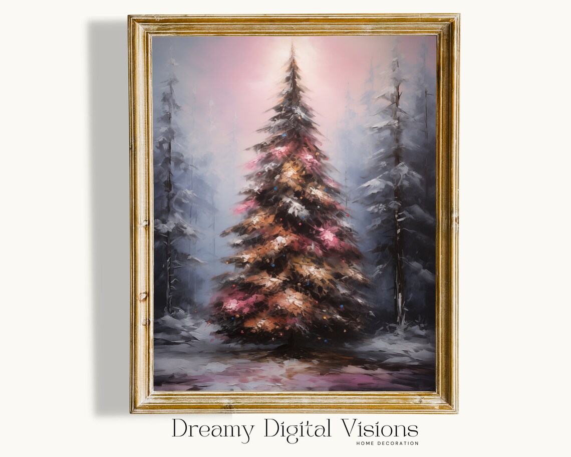 Pastel Pink Christmas Tree Snowy Forest Winter Painting Poster