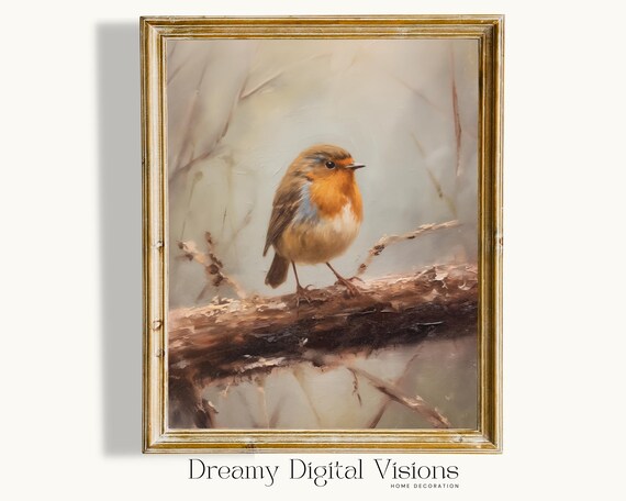 Robin On Branch Poster Rustic Autumn Bird Painting Fall Wall Decor Wildlife Art
