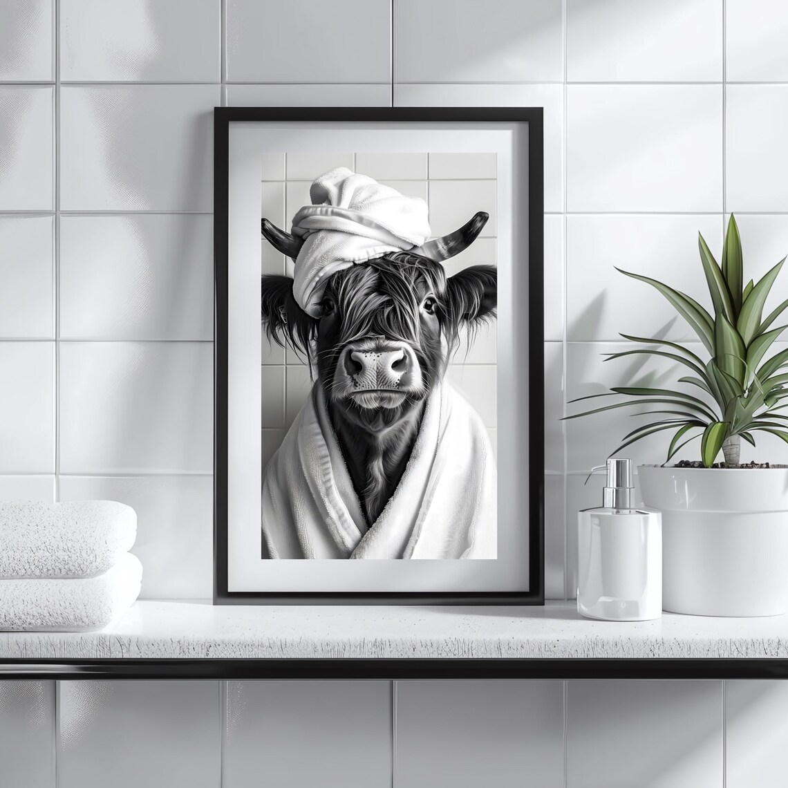 Highland Cow in Towel Turban and Bathrobe Funny Bathroom Poster - Image 3