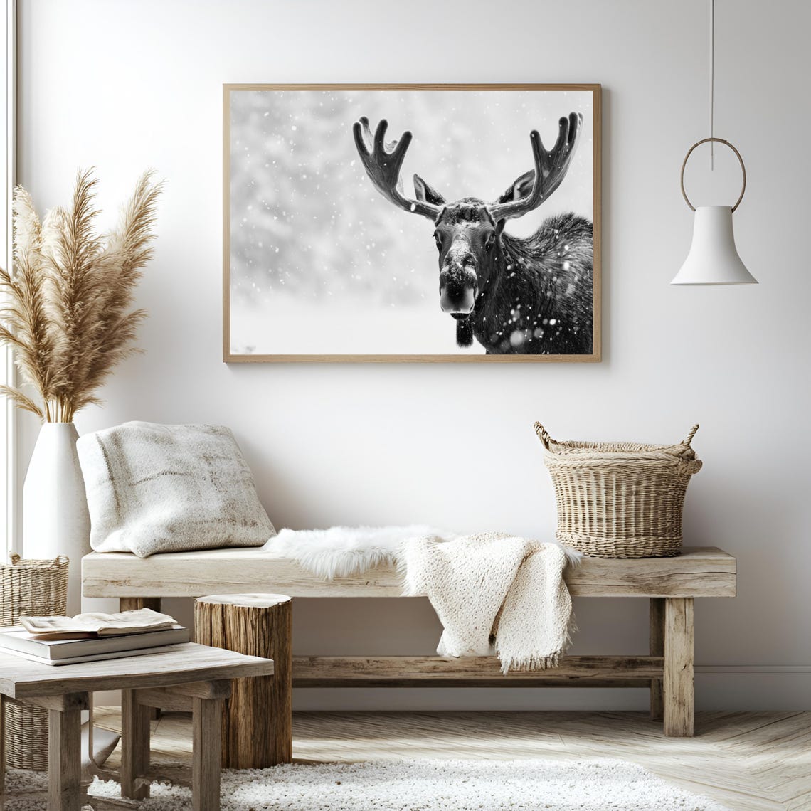 Moose in Falling Snow Black and White Winter Wildlife Photo Poster - Image 3