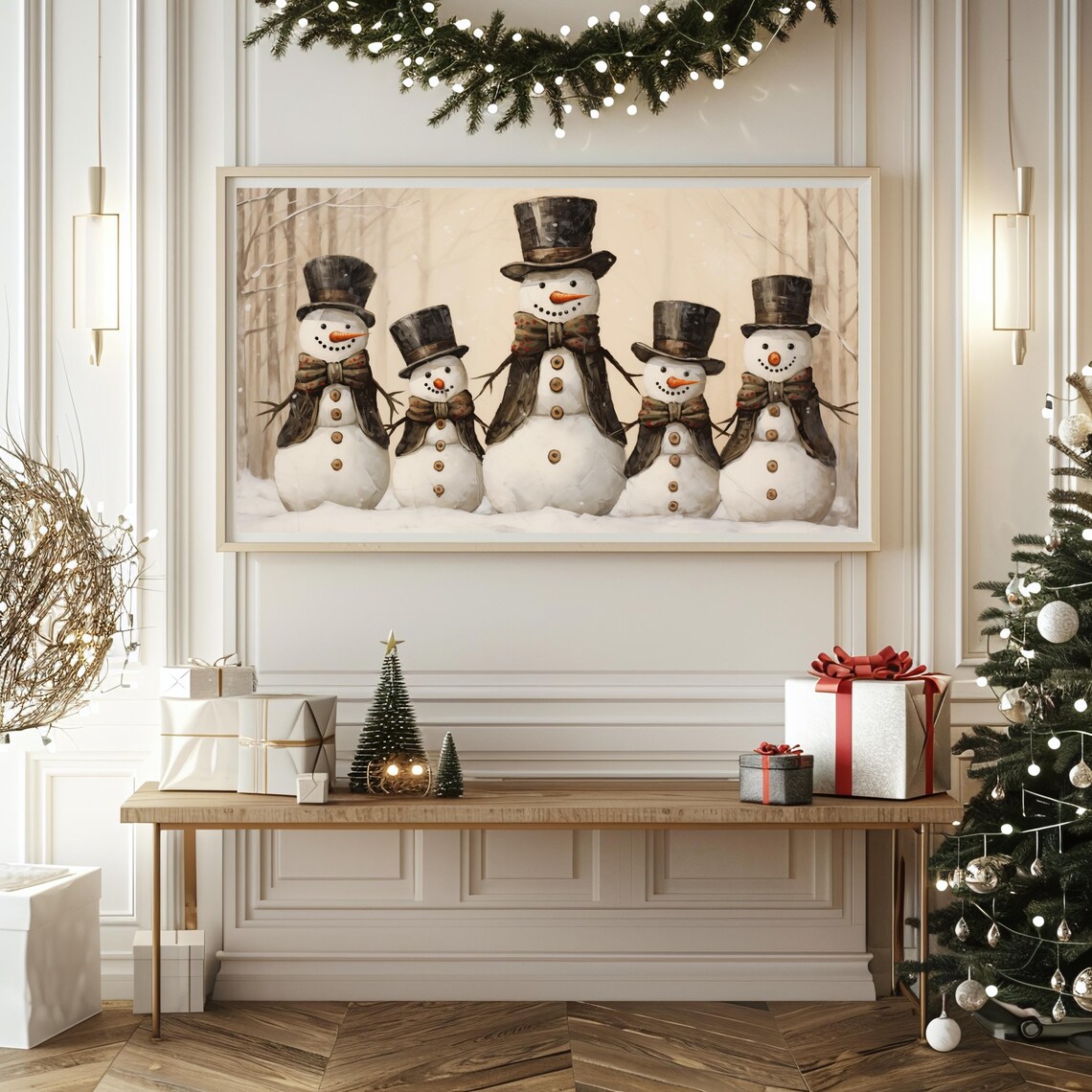 Five Vintage Snowmen With Top Hats in the Snow Christmas Poster - Image 2