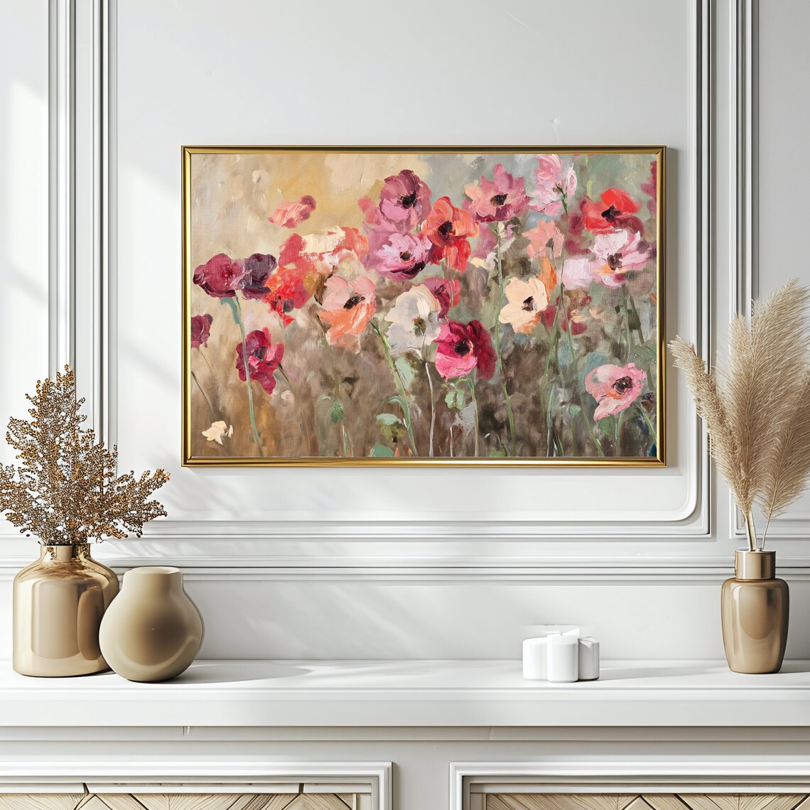 Red and Pink Poppy Field Blooming Vintage Floral Oil Painting Style Print - Image 2