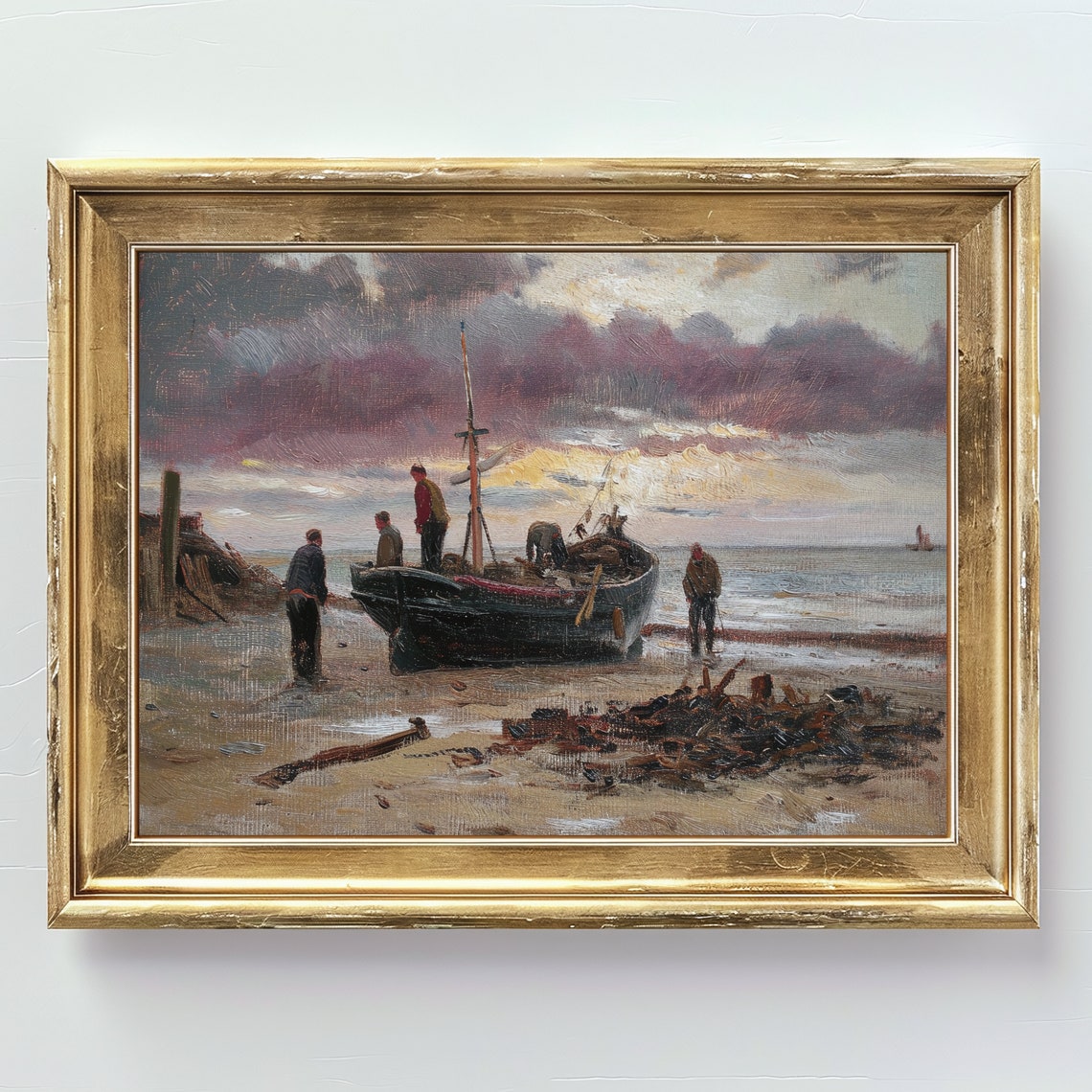 Vintage Seascape Coastal Print Fishing Boat Rustic Farmhouse Decor Coastal Farmhouse Print Beach Print Oil Painting - Image 2