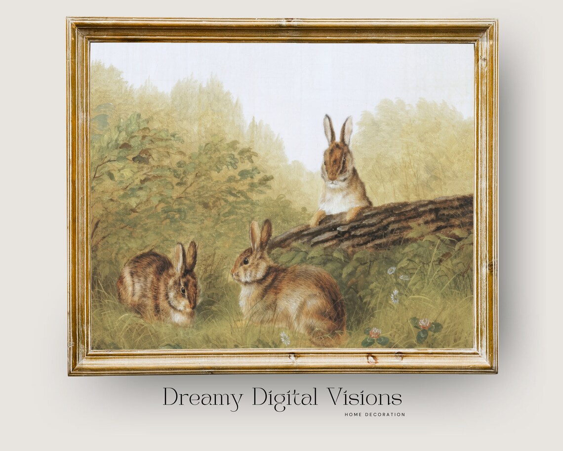 Three Rabbits in Sunlit Woodland Clearing Vintage Wildlife Painting Style Print