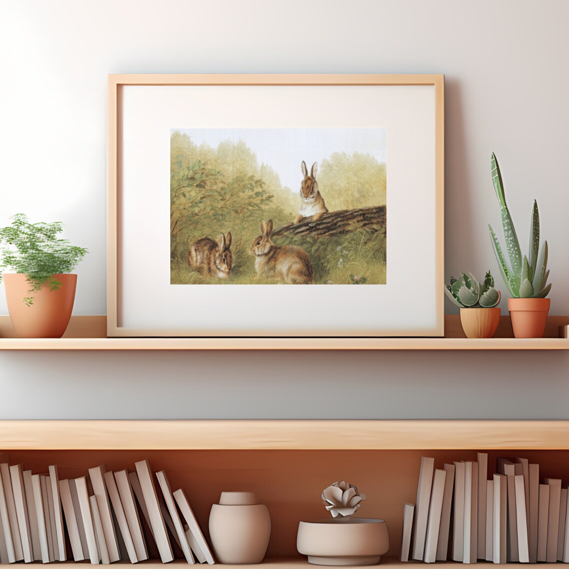 Three Rabbits in Sunlit Woodland Clearing Vintage Wildlife Painting Style Print - Image 2
