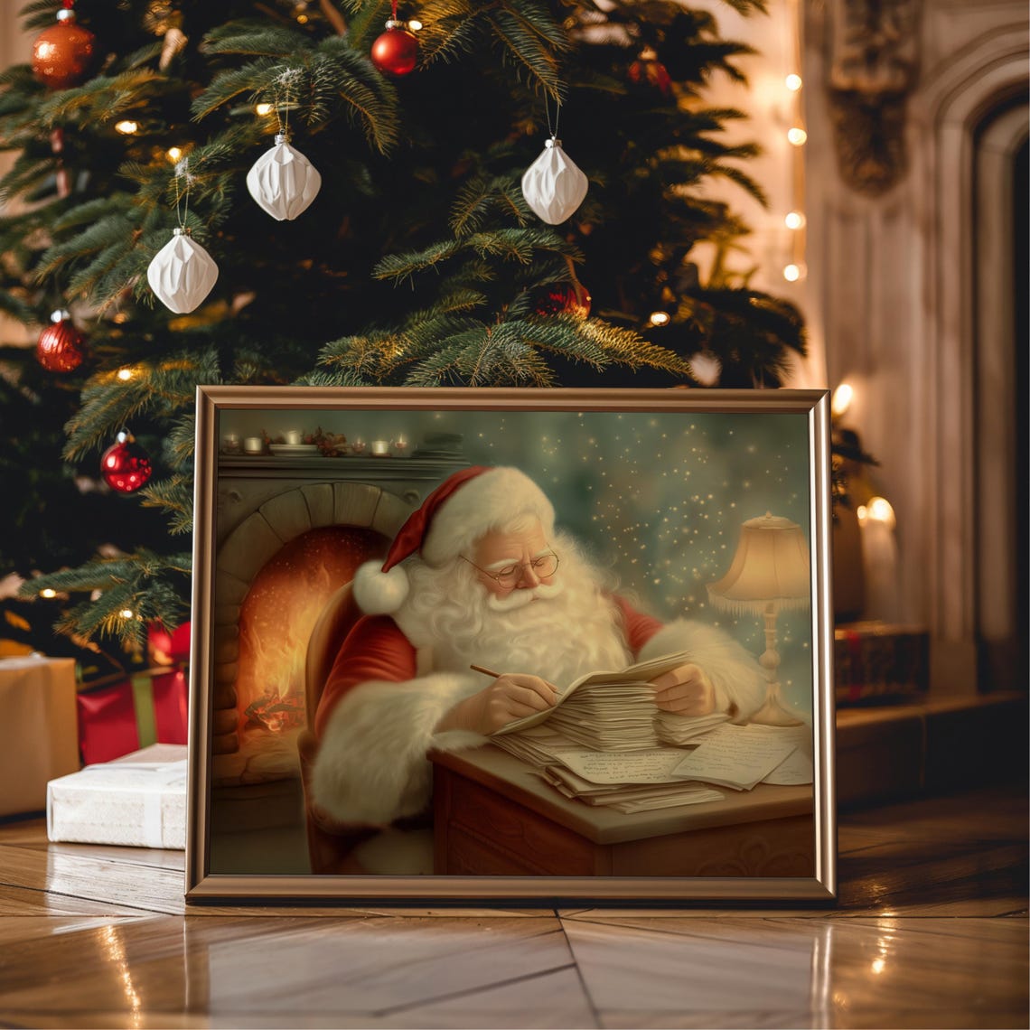 Santa Claus Writing Letters by the Fireplace Christmas Poster - Image 3