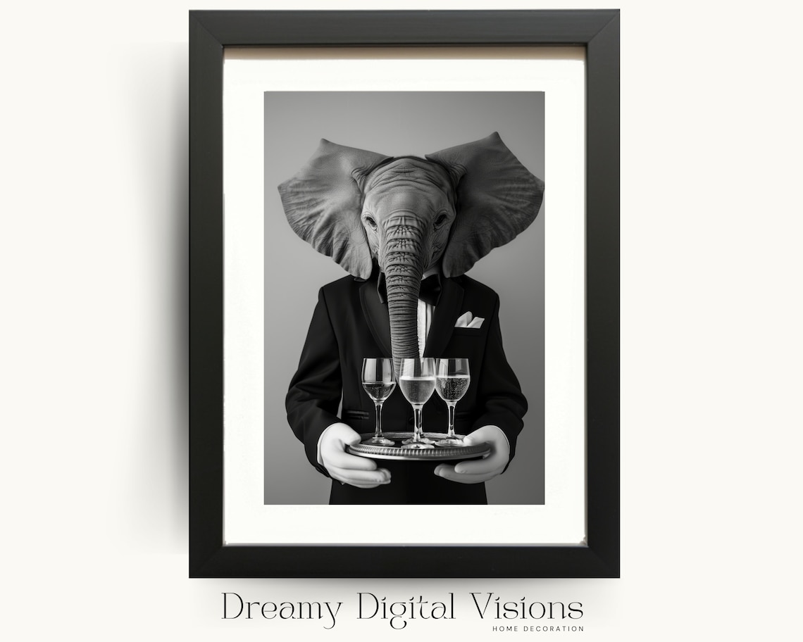 Elephant Waiter Bar Cart Poster Funny Black And White Animal Photo Wall Decor