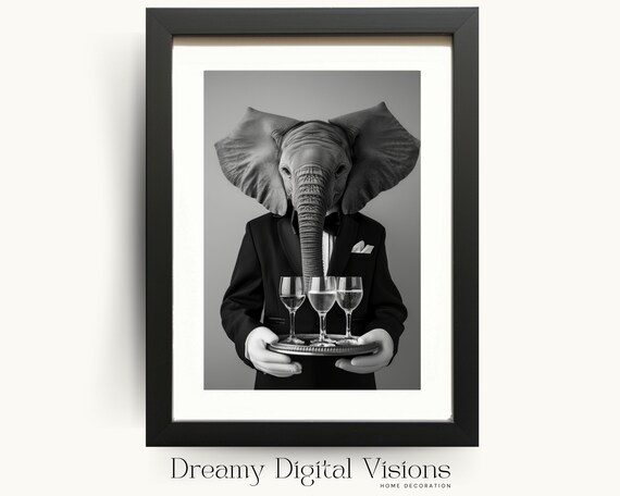 Elephant Waiter Bar Cart Poster Funny Black And White Animal Photo Wall Decor