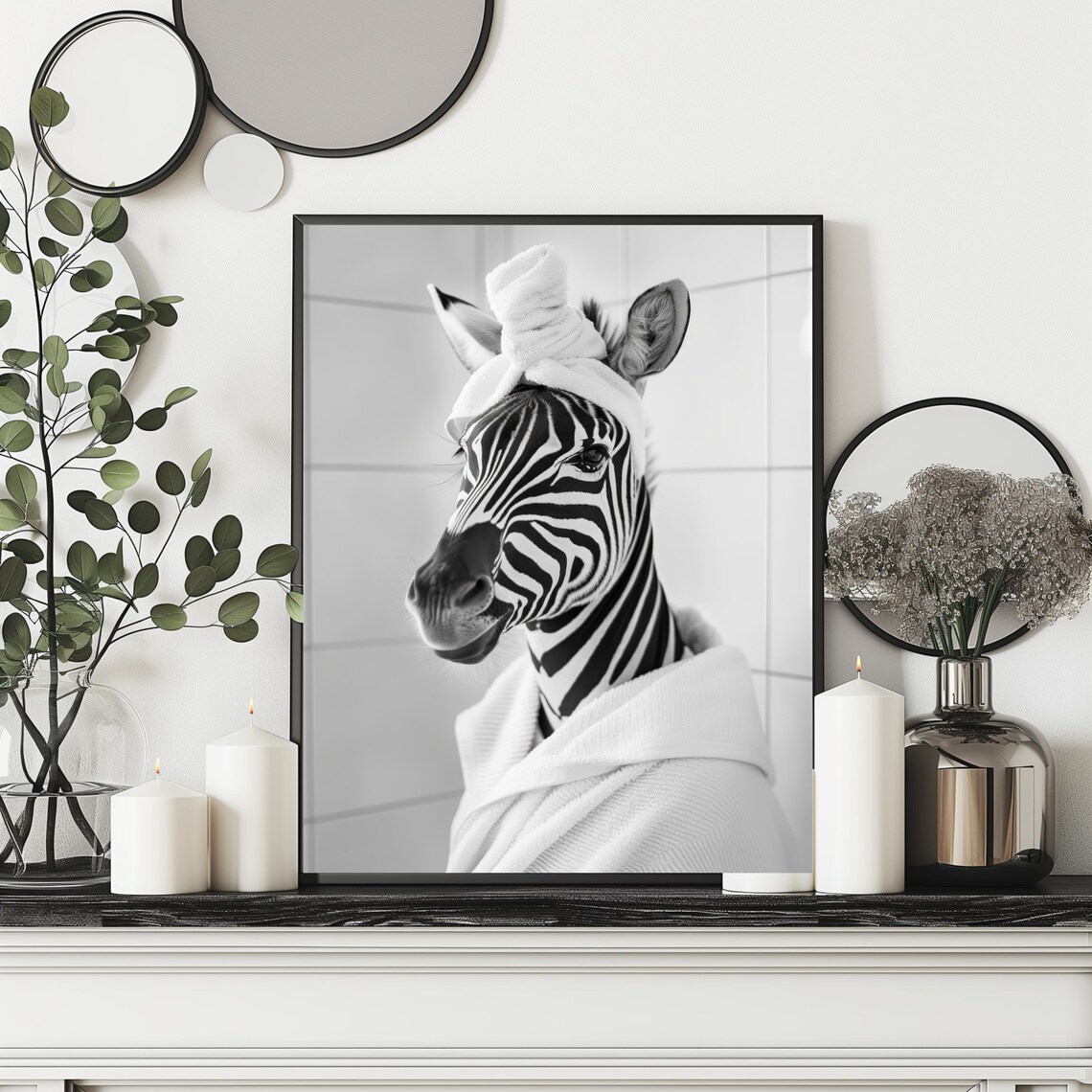 Zebra In Towel Turban Poster Funny Bathroom Black And White Animal Photo Decor - Image 2